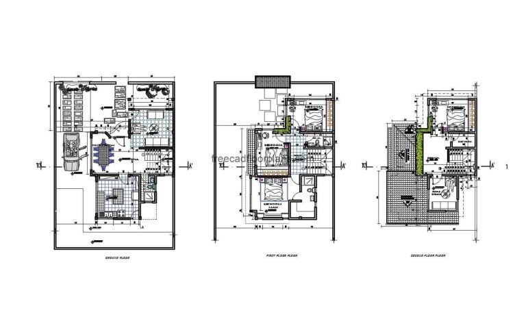 Narrow three-story house Autocad Plan, 2204203