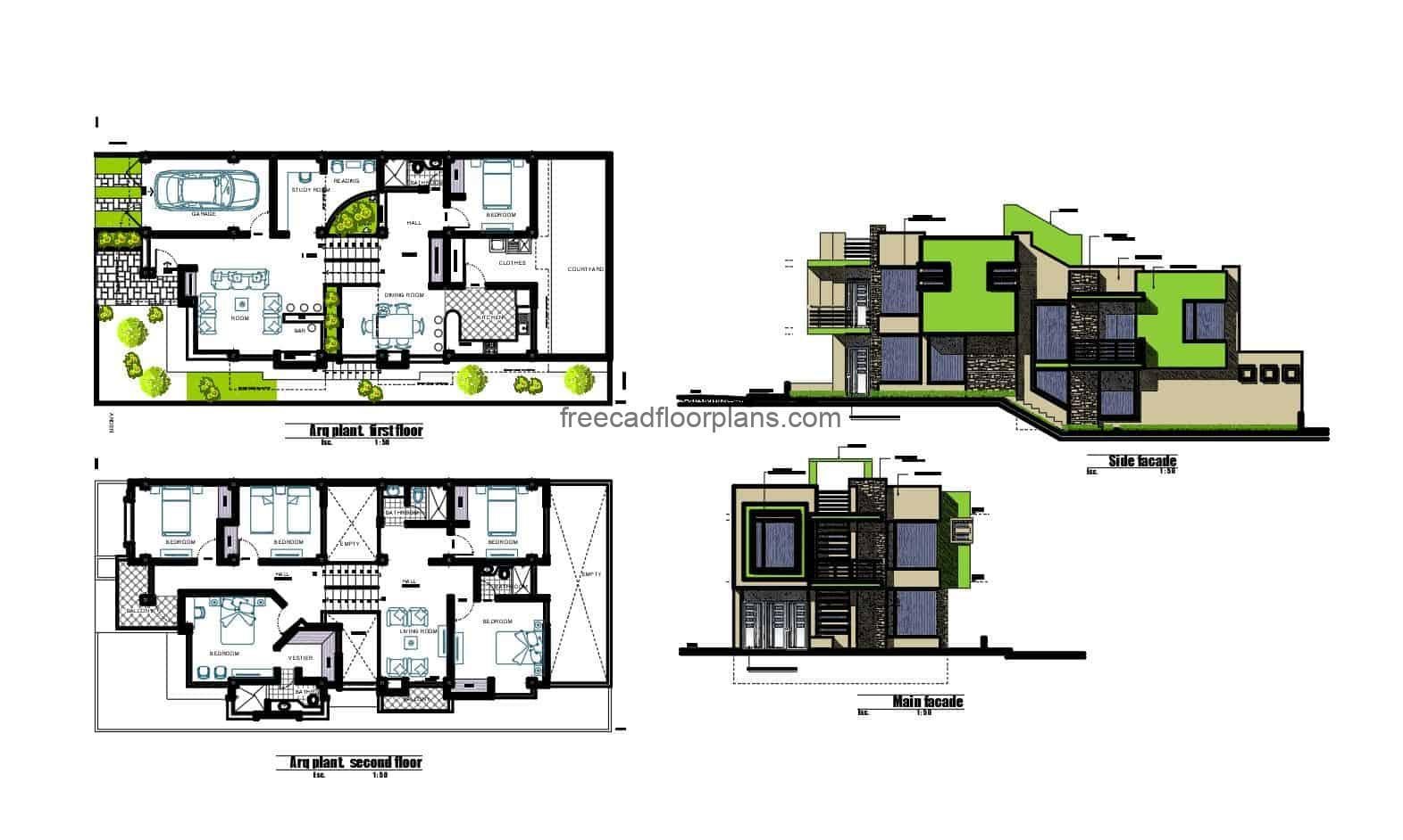Architectural project of a modern two-storey house, furnished and detailed design with DWG blocks, several rooms in private area on second level, elevations and sections, architectural details