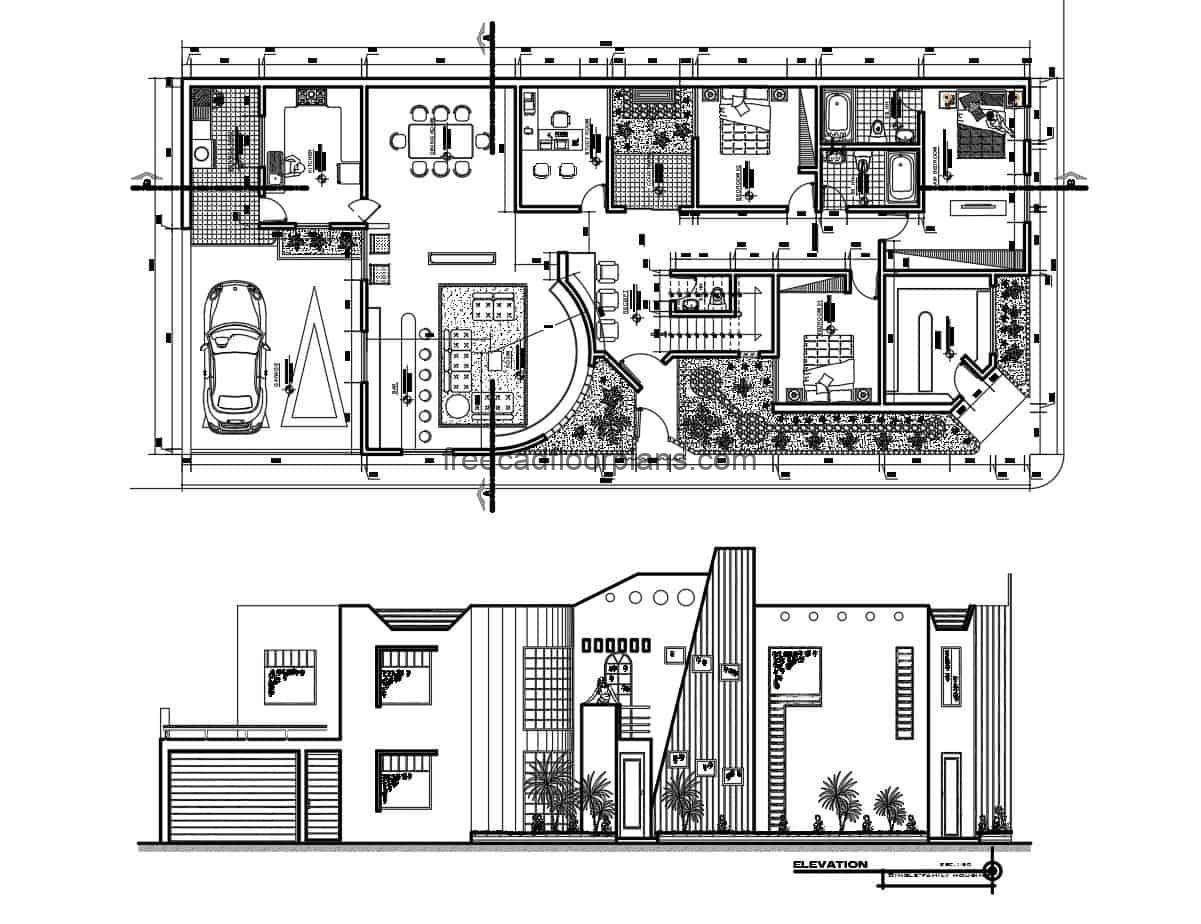 Architectural project of a contemporary two-storey residence, architectural plan, dimensioned, sections, elevations and details in autocad DWG format