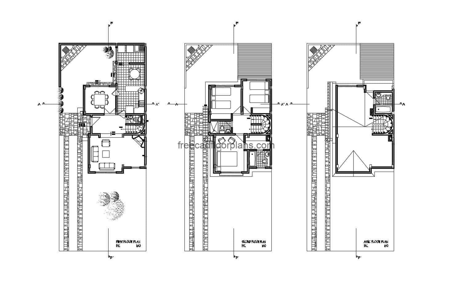 Complete architectural design of Two story house with attic with pitched roofs, internal layout cad blocks DWG