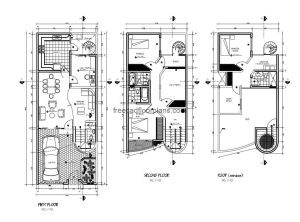 Architectural project of two-level residence with three rooms and terrace, complete plans in autocad, technical details