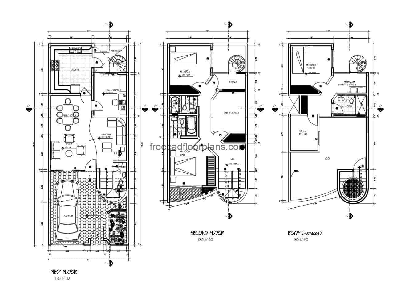Architectural project of two-level residence with three rooms and terrace, complete plans in autocad, technical details