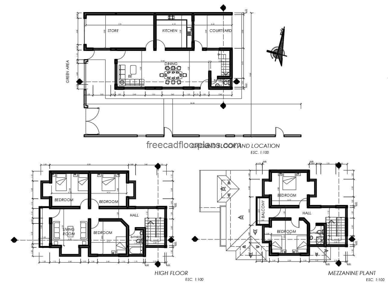 Modern house project with some classic details, two levels with mezzanine, blocks in DWG, distribution of interior spaces