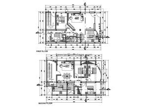 Architectural design of rectangular house on two levels with autocad interior blocks