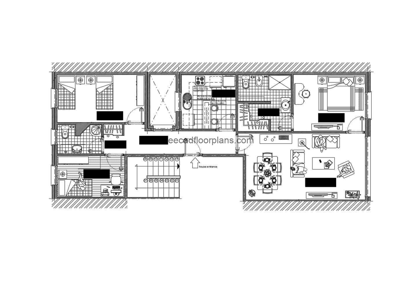 Simple residential block architectural design in autocad format, two rooms, living room, kitchen and dining room, architectural plan and dimensioned, architectural details