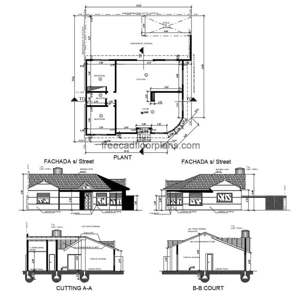 Design of a small country house on one level, architectural plan in DWG format, dimensioned plan, foundations and structural details