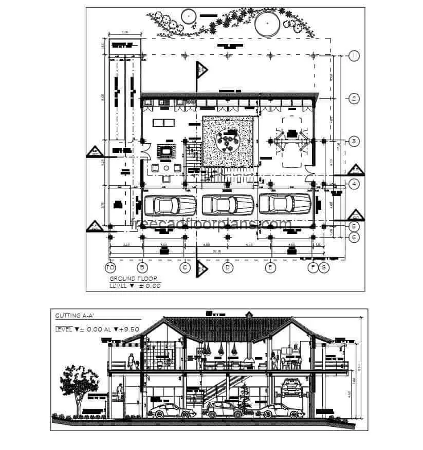 Plans and architectural details of country house, details and blocks in autocad DWG format