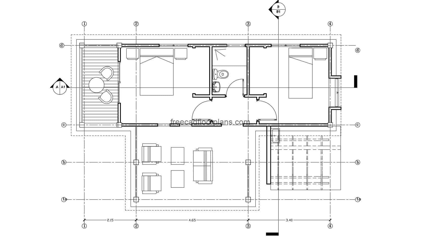 Bungalow house with two bedroom architectural DWG project
