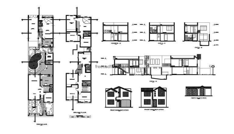 Architectural project of an elongated house with plans distributed on two levels, elongated design in DWG with blocks and details of the interior spaces