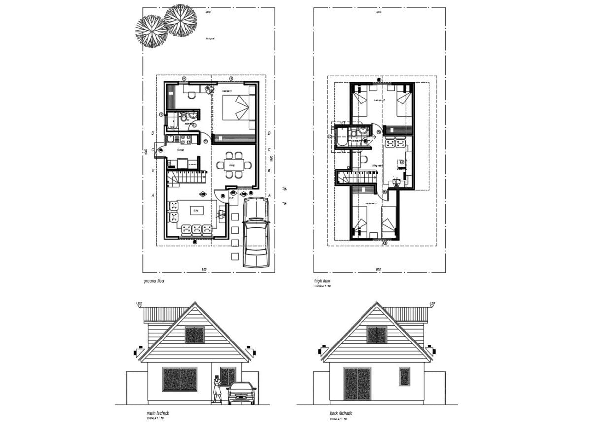 Small Elongated Twostorey House Autocad Plan, 505202