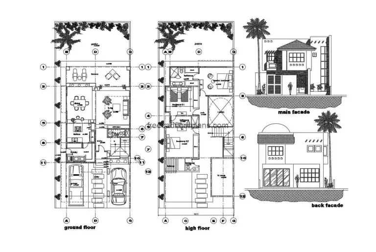 Elongated House With Two Floors Autocad Plan, 705202