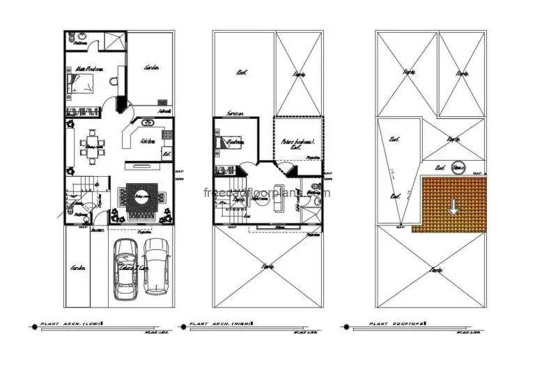 Architectural project of a two-level house with two rooms in autocad, equipped with blocks and DWG furniture