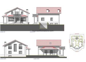 Country home design, CAD Dwg drawing, sloping ceilings, facade details and distribution of interior spaces