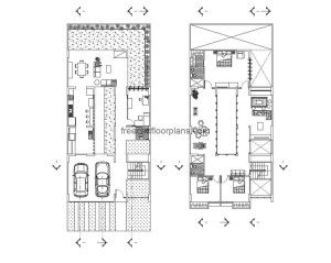Detailed autocad plan of house with patio and back terrace, garage for two vehicle