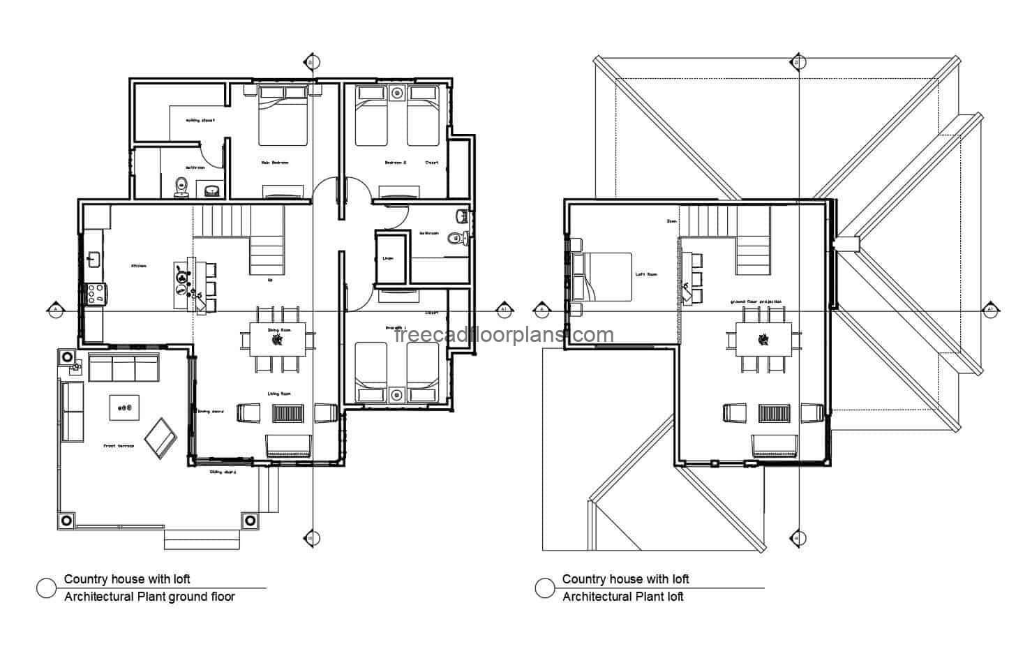 Architectural plans in autocad format for free download of a two-level country house with three bedrooms and a loft.