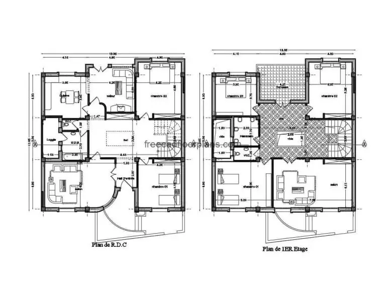 plano de distribución en formato DWG casa de dos niveles con terraza y cinco habitaciones