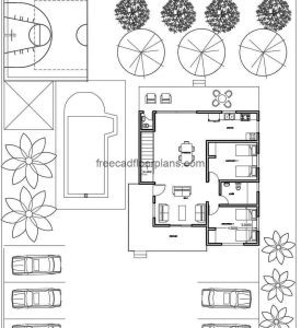Architectural design project of a country family house implanted in a large area with vegetation, complete with DWG blocks