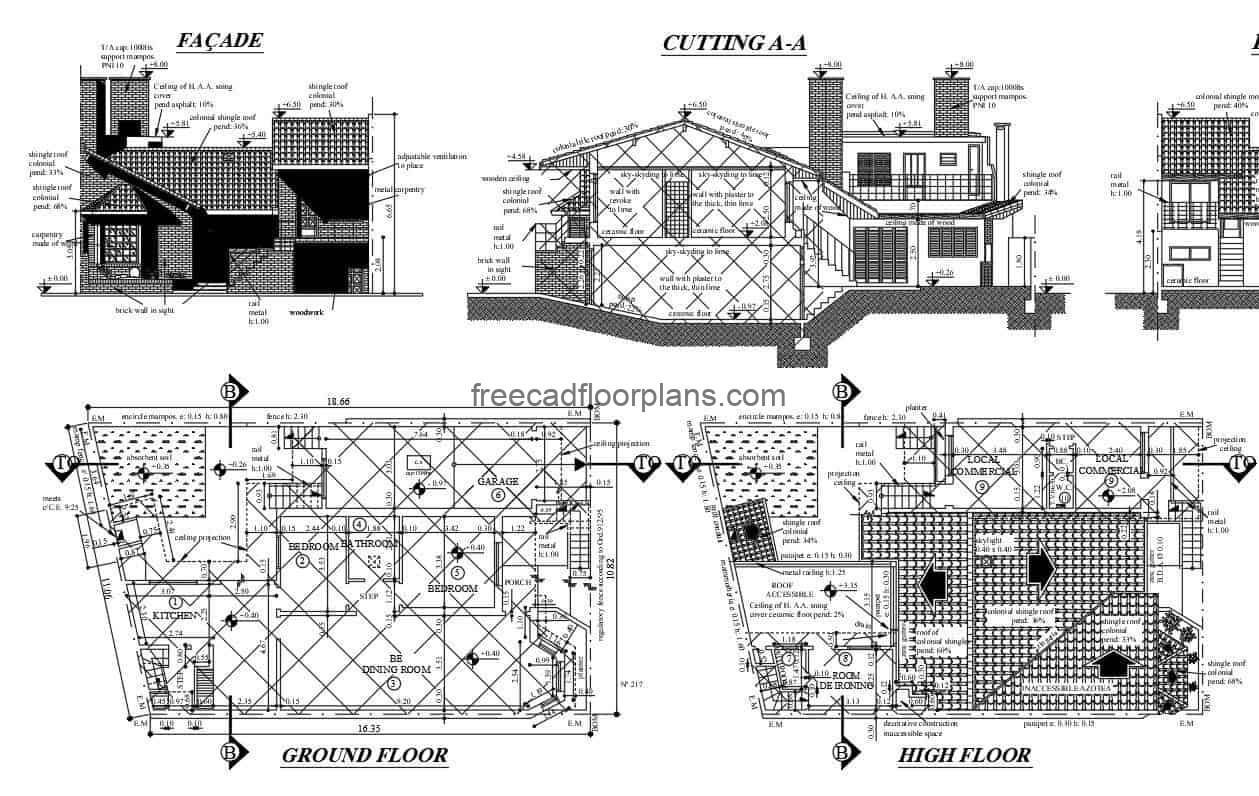 architectural project of house combined with premise, free plans to download editable in autocad DWG