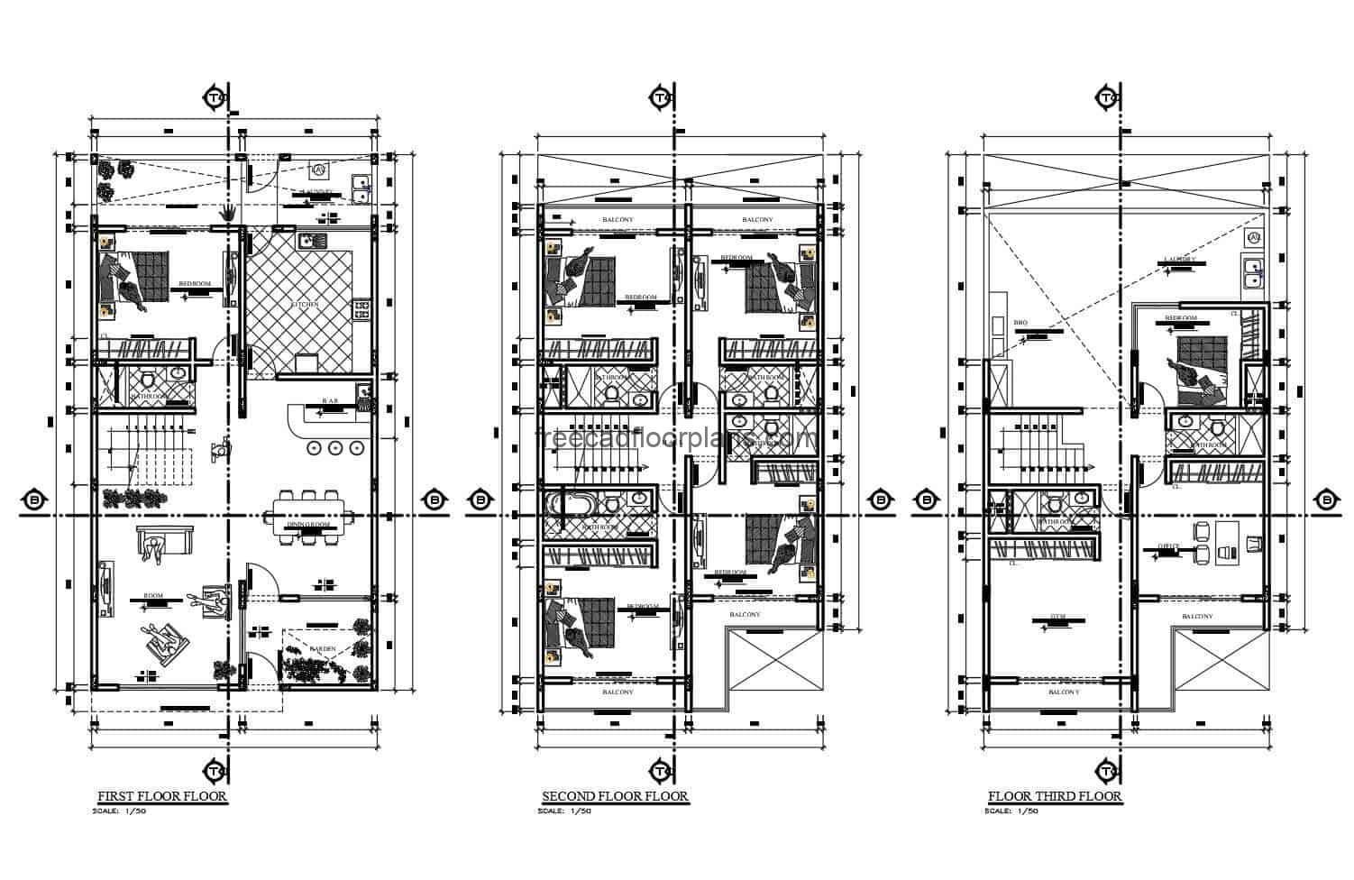 Preliminary architectural project of a three-level house with six flat rooms in DWG autocad format for download