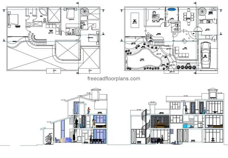 Architectural project in DWG format of a modern three-storey residence, architectural floor plan for space distribution, detail plan with sections and interior elevations, blocks in DWG for free download