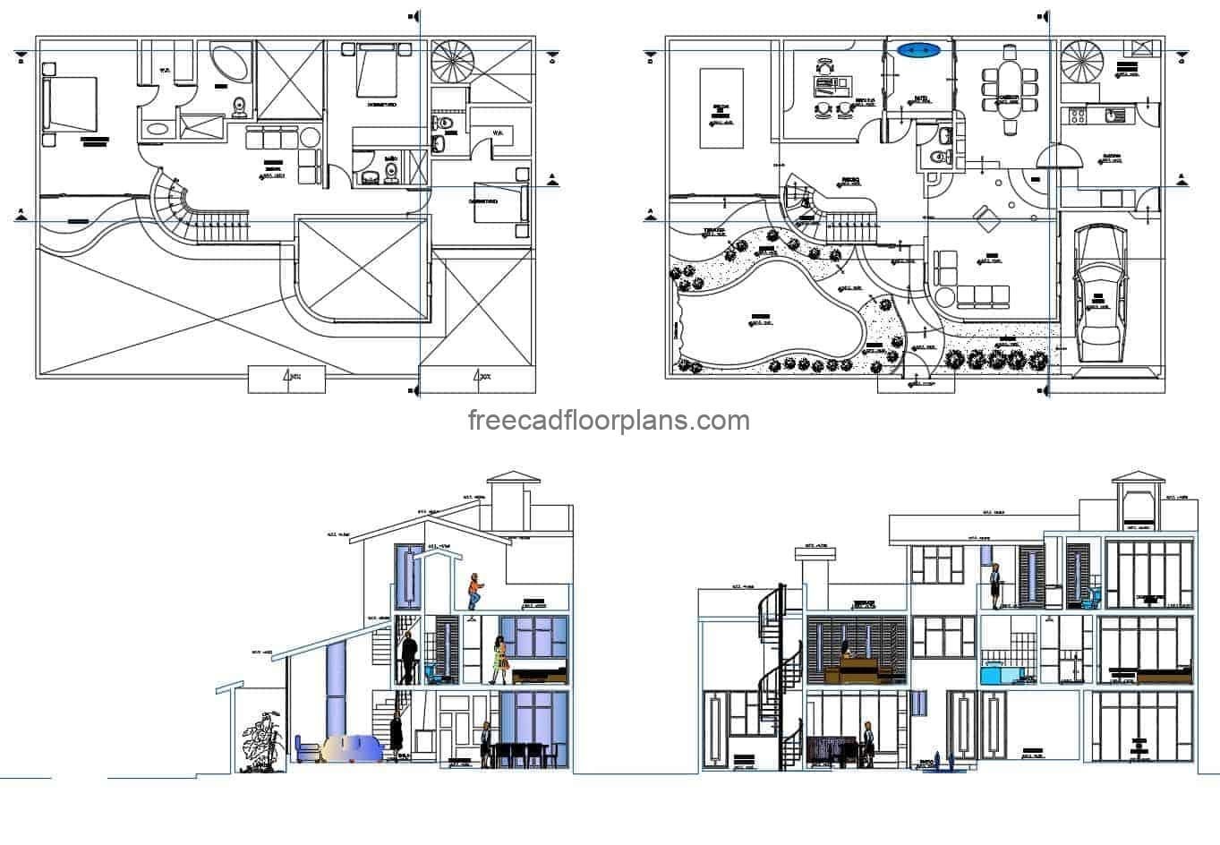 Architectural project in DWG format of a modern three-storey residence, architectural floor plan for space distribution, detail plan with sections and interior elevations, blocks in DWG for free download