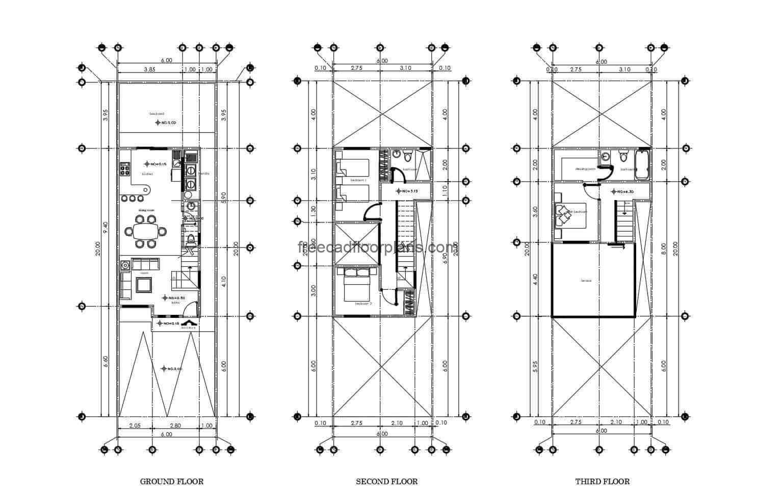 Plans in autocad of small elongated house of multiple levels, with two rooms.
