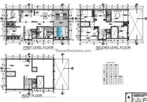 three-level house plans editable in DWG format, rectangular distribution and ceiling plan.