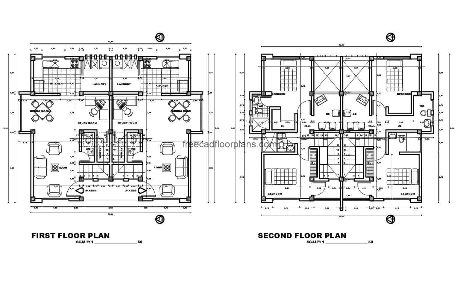Architectural project with detail plans in DWG autocad format, of a duplex family house on two levels, facades, floors with details and dwg blocks for free download
