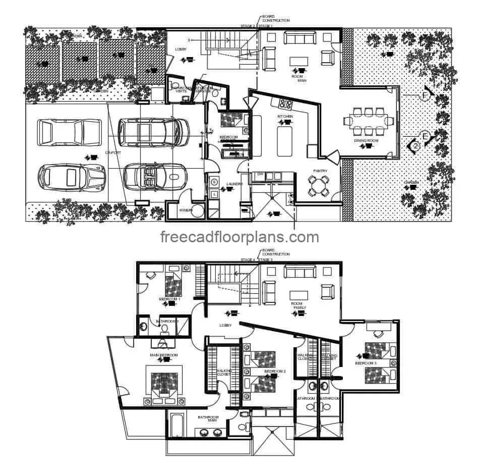 Project in Autocad DWG format for a two-level house with three rooms on the second level