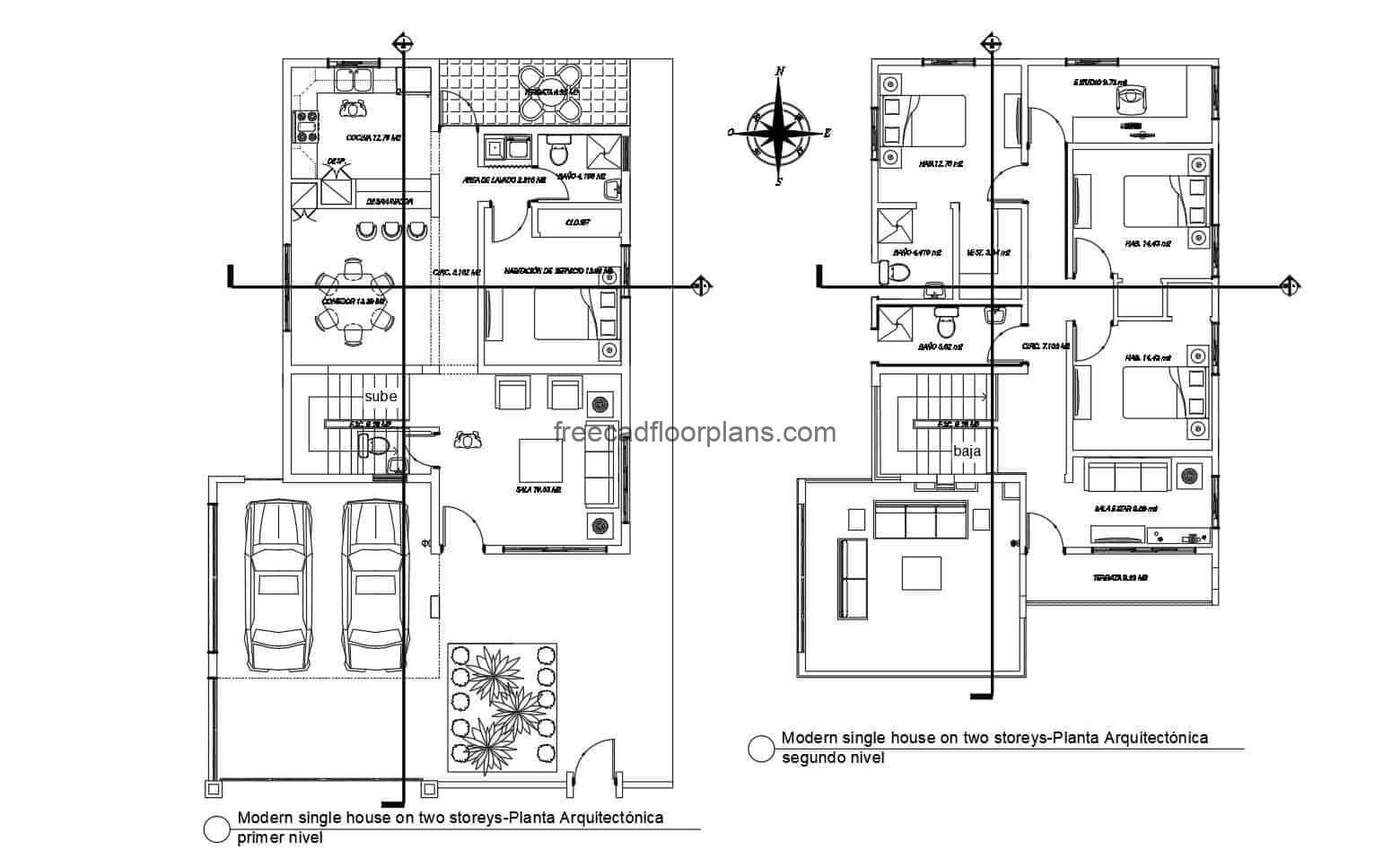 Modern house of two levels complete project in autocad, house of two levels with four rooms and garage for two vehicles