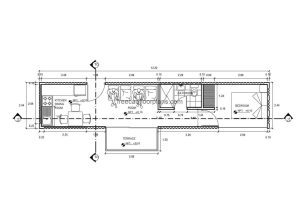 Architectural layout plan of a small house in a container, details and floor plan in DWG autocad format