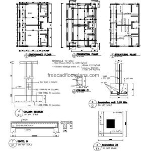 Foundation details for house in DWG file, consisting of plan with foundation details and structural plan for a single family house, steel details in beams, columns and roof slab