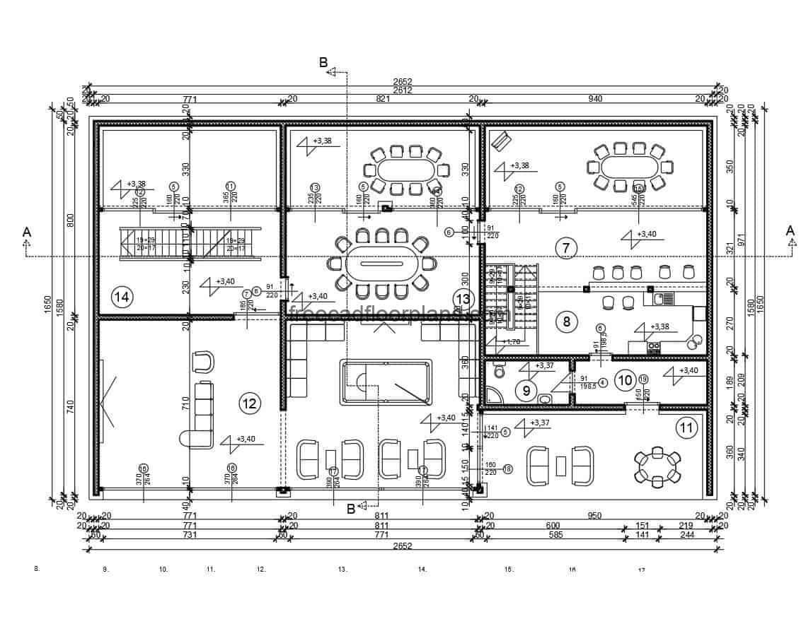 Architectural project of a modern house on a hillside, plans with editable construction details in DWG autocad format