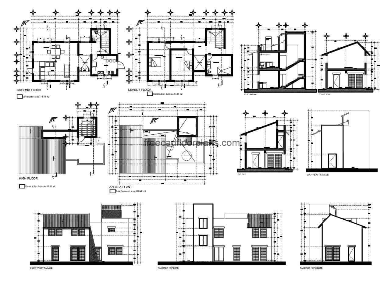 Complete residence plan with elevations, floor plan sections and architecture in autocad DWG format, free to download