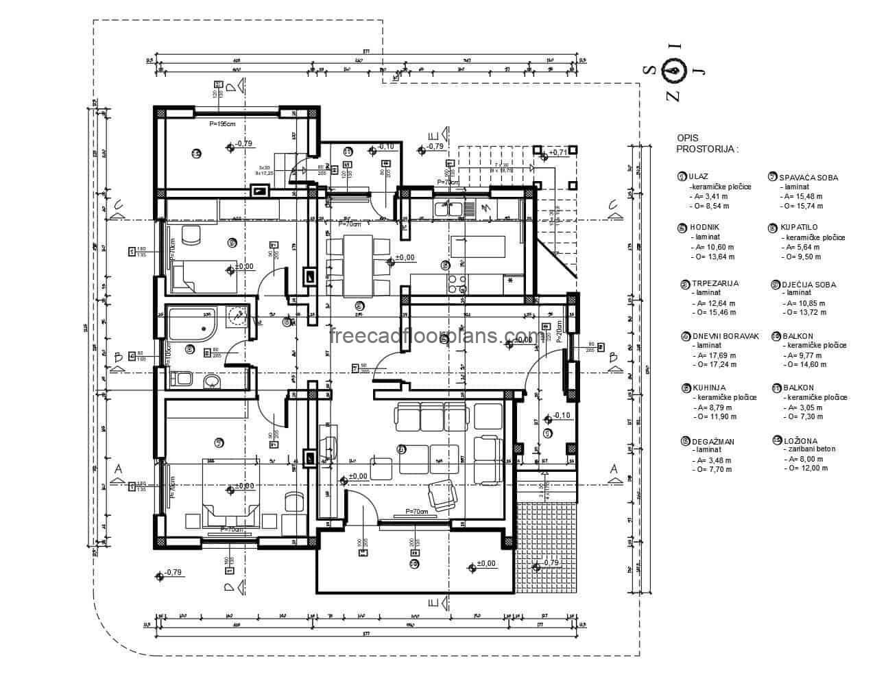 Detailed plans of a one level house, with blocks in DWG autocad, dimensioned and architectural plan.