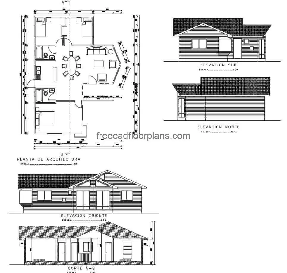 Country house, single floor bungalow divided into four different architectural design proposals, with three bedrooms, living room, dining room and two bathrooms on one level, free plans in DWG autocad format