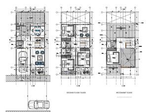 Complete project in DWG format of Autocad of family resilience of 2.5 levels, with social area in first level, private area in second level with three bedrooms and family room, and floor in attic with main room and terrace. Plan for free download, architectural plans, sizing, elevations, sections and structural and foundation details