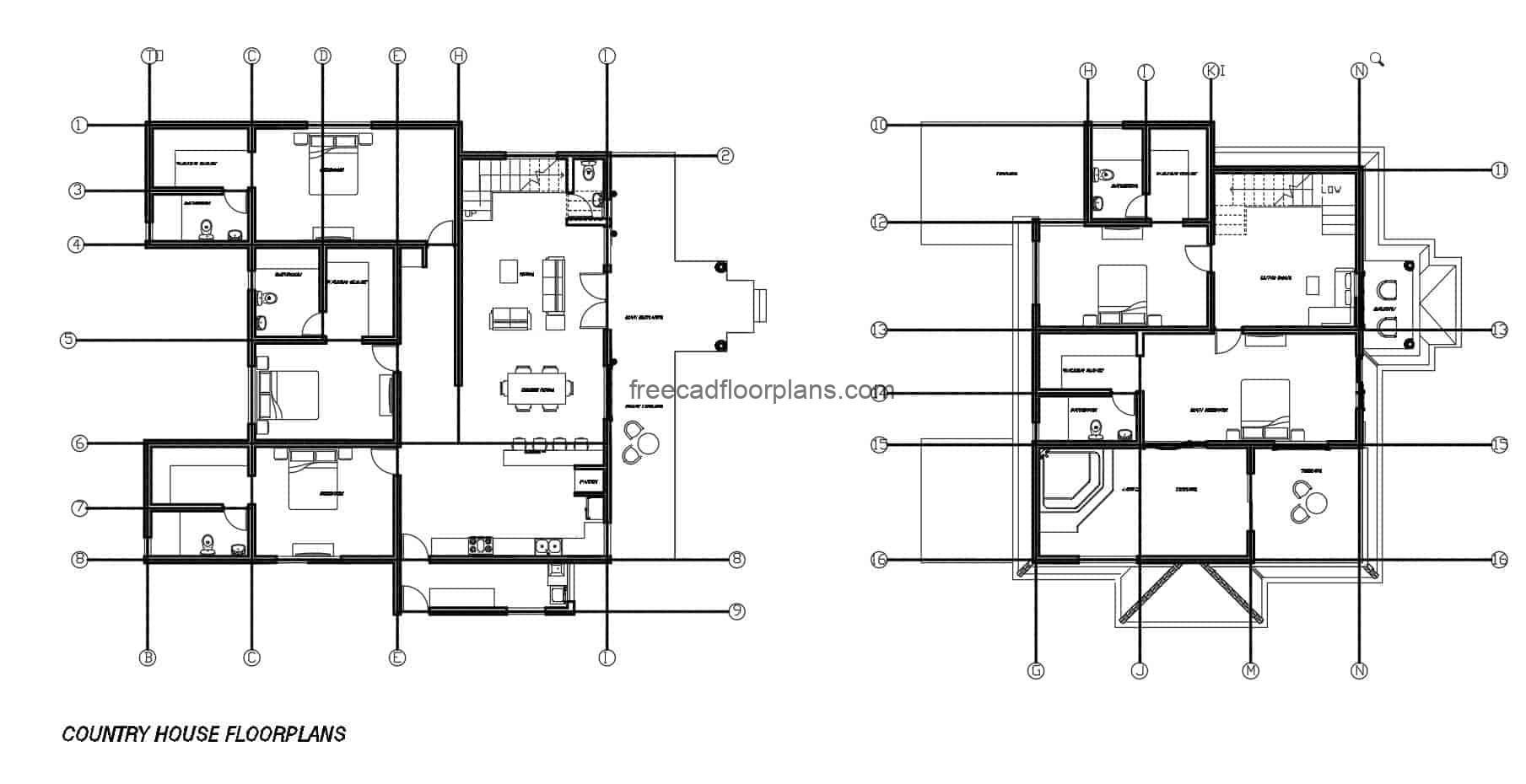 Before architectural project of plans in format autocad editable of great country house of two levels with five rooms, social area in first level and great exterior patio with swimming pool, dimensioned plant, elevations and plant of distribution of spaces.