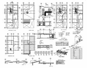 Simple house plan in DWG format, architectural and dimensioned plant, facades, sections, and plans of constructive technical details, foundation, electrical, sanitary and structural plan