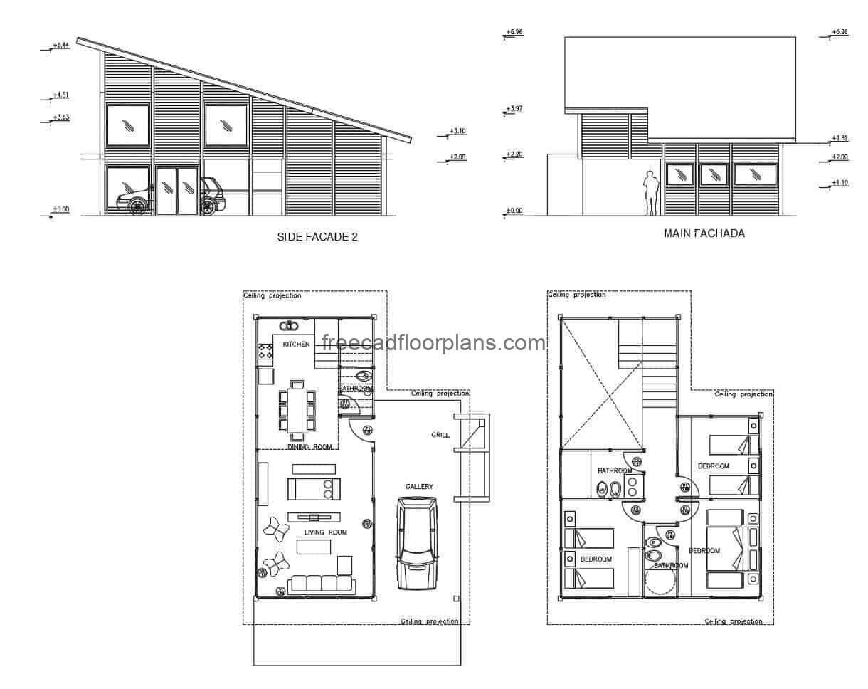 Architectural plan and elevations of a modern small mountain cabin, project made in autocad DWG format, plans for free download
