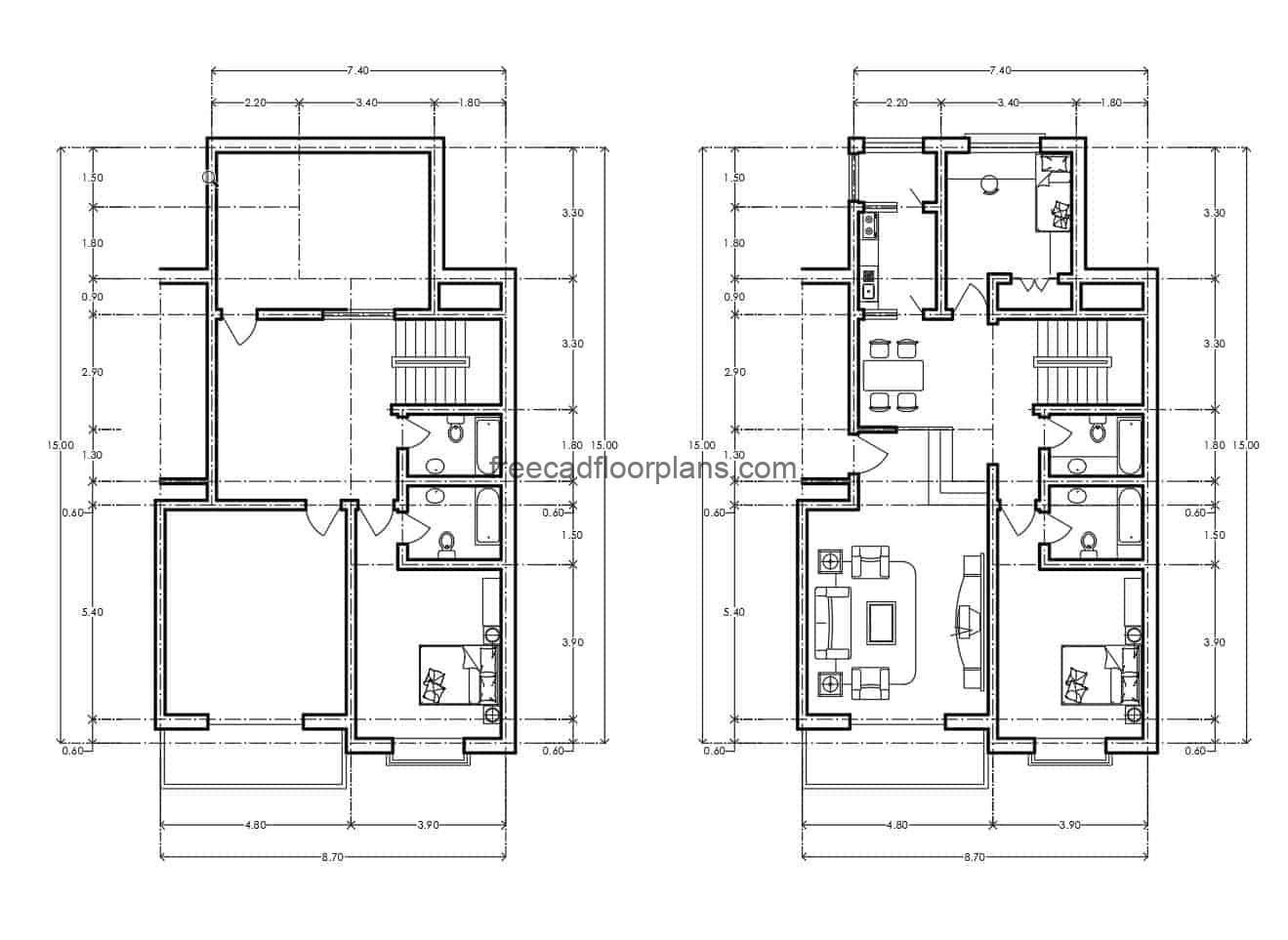 Architectural and dimensional plan of a small residential building with two bedrooms, two bathrooms, living room, kitchen, dining room and small laundry area, DWG file for download