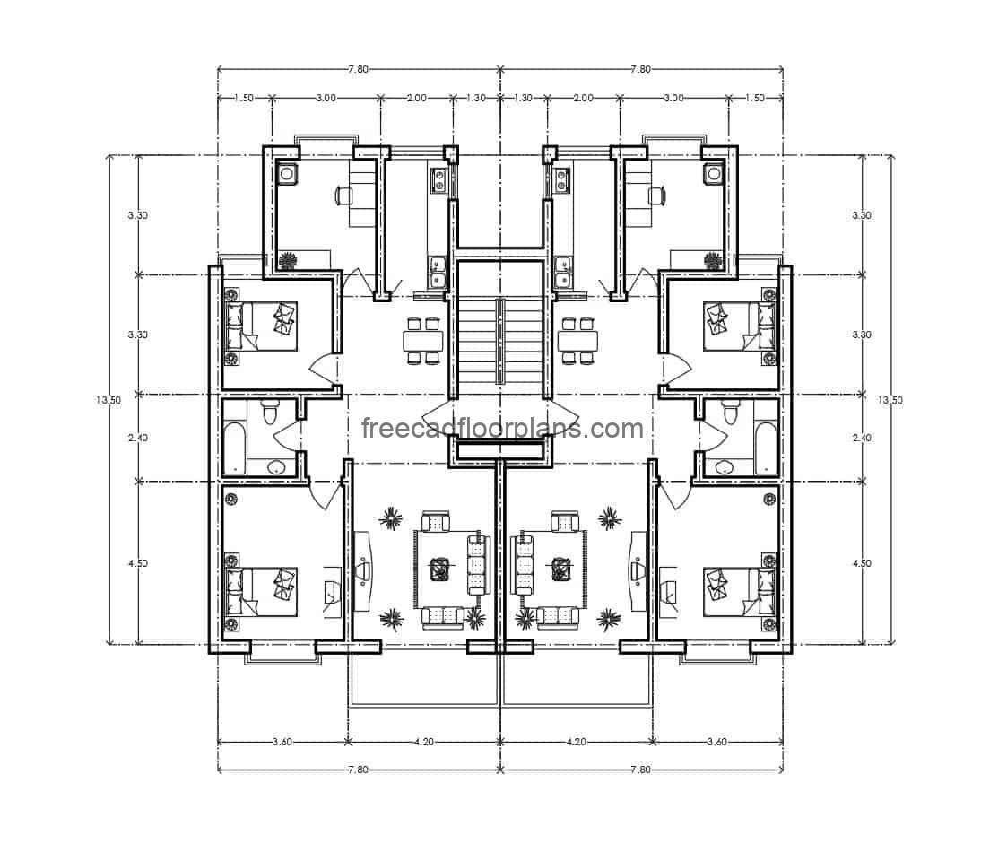 Project of residential apartment, architectural plant, space distribution and dimensioned plant in autocad DWG file for free download