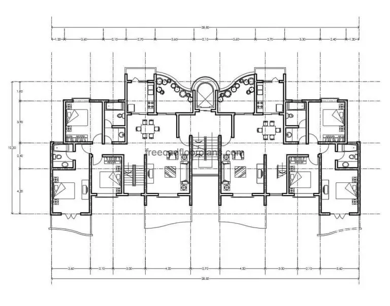 Architectural project and dimensioned plant of residential apartment of volumetria combined with balconies in curves and rectangular, apartment with three bedrooms, two bathrooms, living room, kitchen and dining room, with two balconies. file in format of autocad DWG