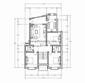 Residential apartment building, one apartment per level, space distribution; living room, kitchen, dining room, front terrace and three bedrooms with two bathrooms, file in autocad format for free download, architectural and dimensional plan.