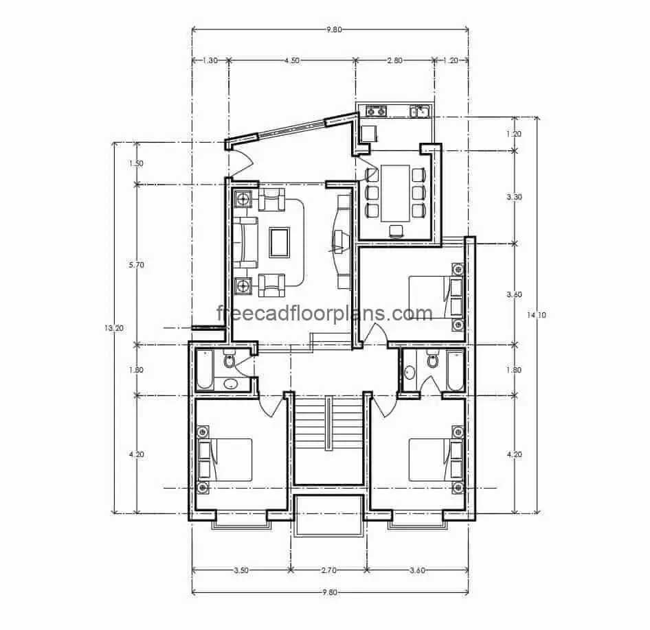 Residential apartment building, one apartment per level, space distribution; living room, kitchen, dining room, front terrace and three bedrooms with two bathrooms, file in autocad format for free download, architectural and dimensional plan.