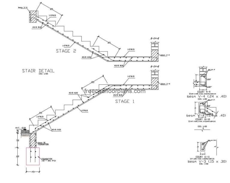 File in DWG format of autocad structural detail of staircase for building of levels, the plan contains detail of the steel and structural conformation of the staircase, steel and concrete.