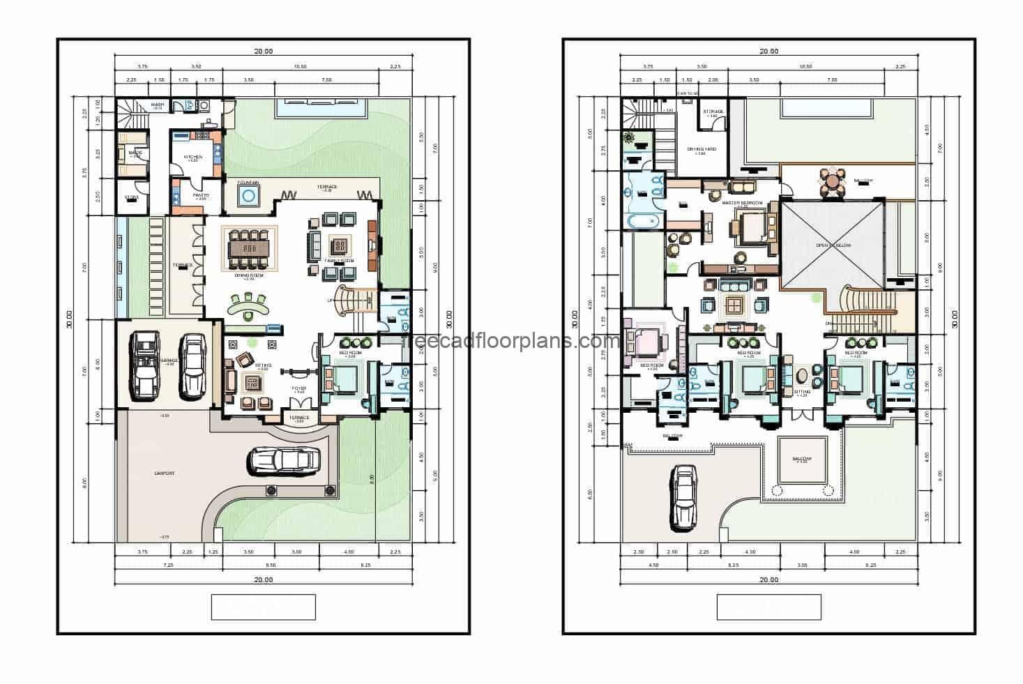 Two-storey residence drawing with four levels for free download in autocad DWG file