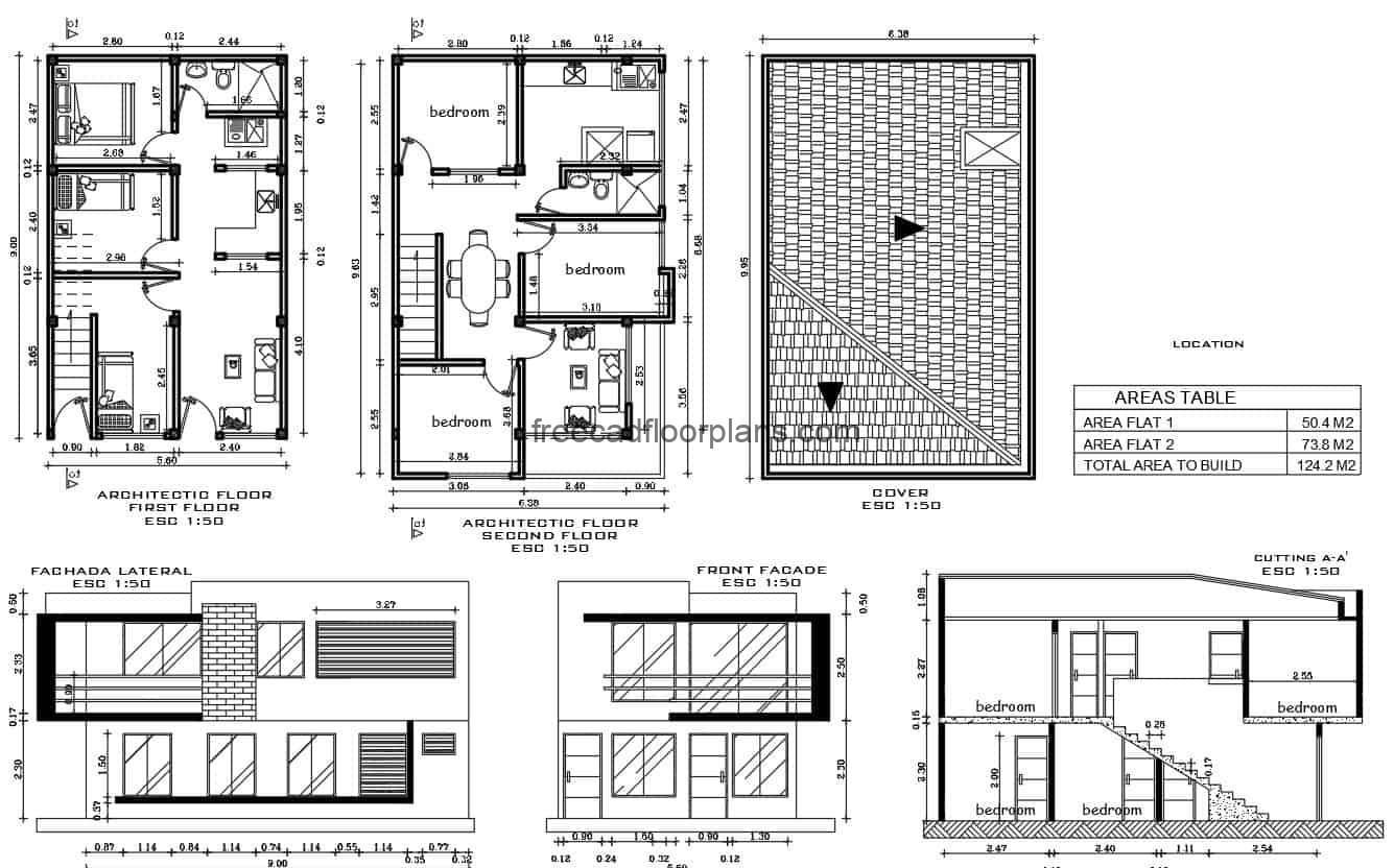 Small house of two levels designed in DWG format of autocad for free download, one house by each level, the preliminary project of this residence counts on architectonic, dimensioned plant, plants of technical details for construction including foundation plant