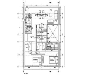 File for free download in DWG format of autocad, simple house in a level with two rooms in private area, main room with independent bathroom, social area with living room, dining room, kitchen and bathroom of visit, architectural plant, dimensioned, sections with details of interior materials.
