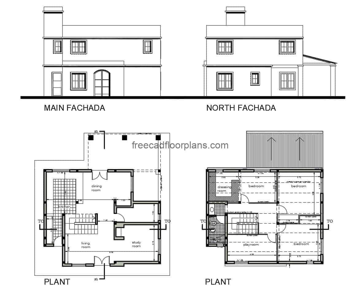 DWG autocad file for free download, two-level country house, architectural plan, dimensions and elevations.